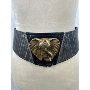 Vintage Wide Waist Belt Elephant Buckle Gold Tone Rhinestone‎ Snake Print